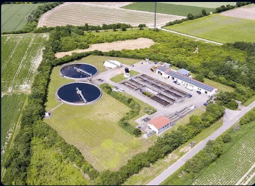 Aerial view of a traditional wastewater treatment plant